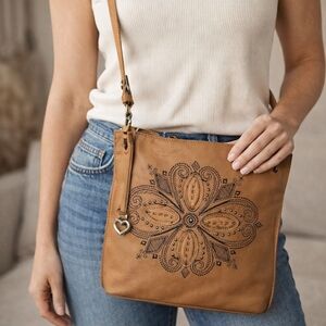 Brighton Tan Shoulder Bag with Black Floral Design